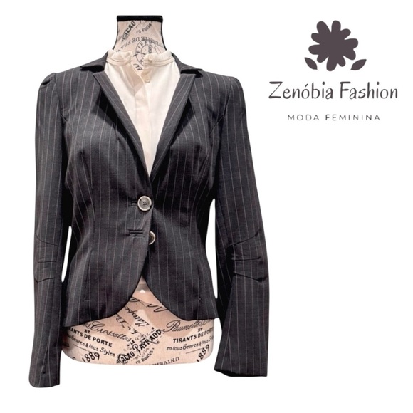 Zenobia Women's Small Gray Pinstripe Wool Blend Blazer Suit Jacket - Picture 3 of 10